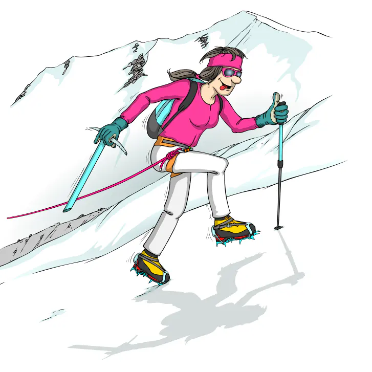 Een vrouw in roze winterkleding beklimt een besneeuwde berg met stijgijzers, een ijsbijl en een wandelstok. Ze draagt een zonnebril, een hoofdband, handschoenen en een rugzak. Op de achtergrond zijn besneeuwde bergtoppen te zien.